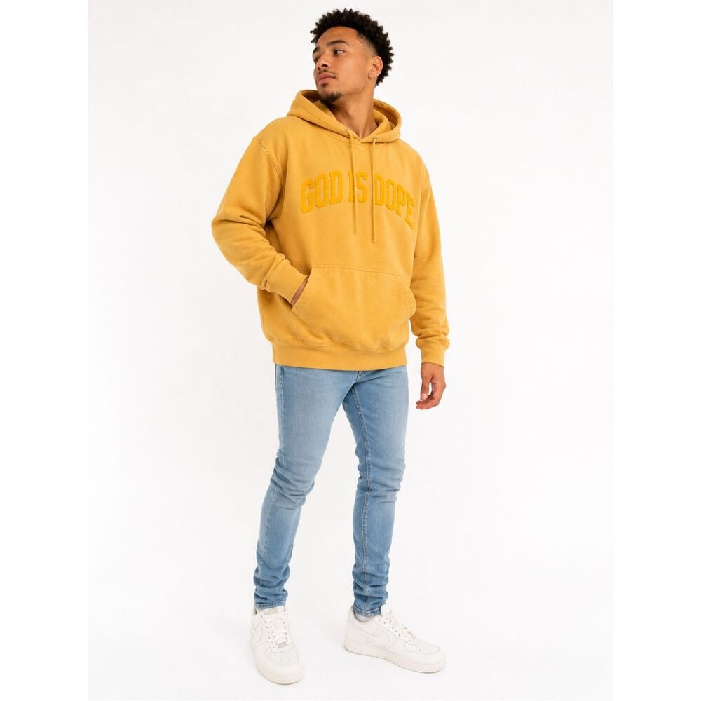 God Is Dope Oversized Hoodie Small Mustard Yellow Ringspun Cotton Mens